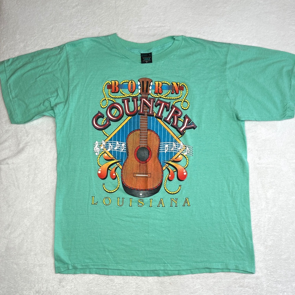 Tee's Unlimited Born Country Louisiana Guitar Graphic Tee Green XL Made in USA